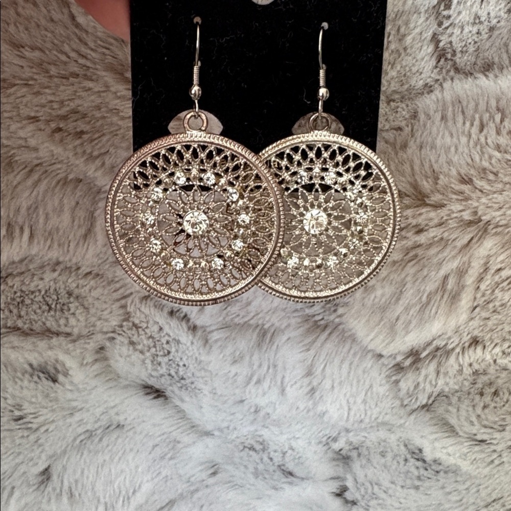 Silver-Toned Round Dangle Earrings